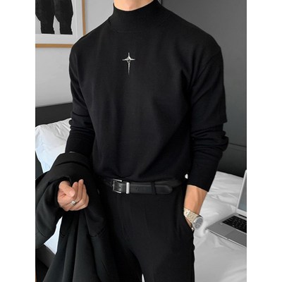 黑色半高领德绒打底衫男款春秋大衣穿搭长袖T恤内搭圆领美式上衣