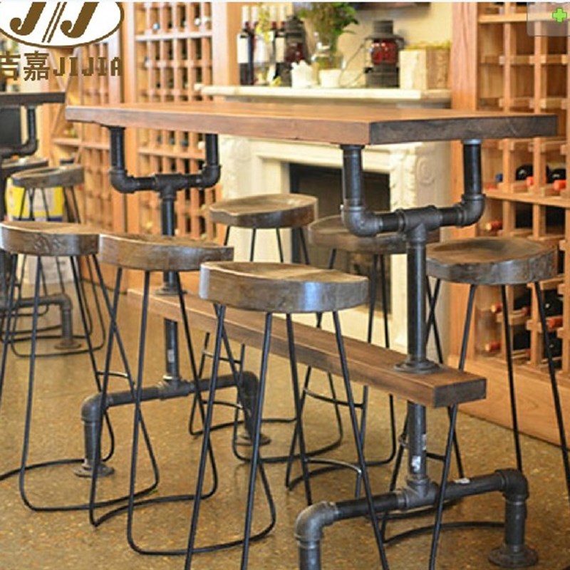 美式乡村铁艺吧台桌椅实木酒吧椅复古做旧咖啡椅吧台凳高脚凳子