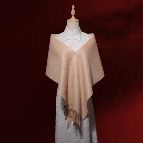 纯羊绒双面围巾女冬季旗袍披肩外搭保暖流苏长方形围脖纯色女士