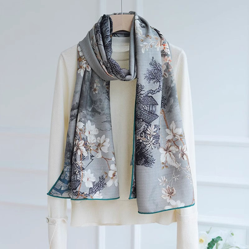 国风印花水墨保暖围巾披肩外搭女2025秋季新款羊毛丝羊毛双面围脖