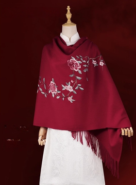 2025新款几何图案旗袍羊毛围巾女款冬季长方形红色披肩保暖礼盒装