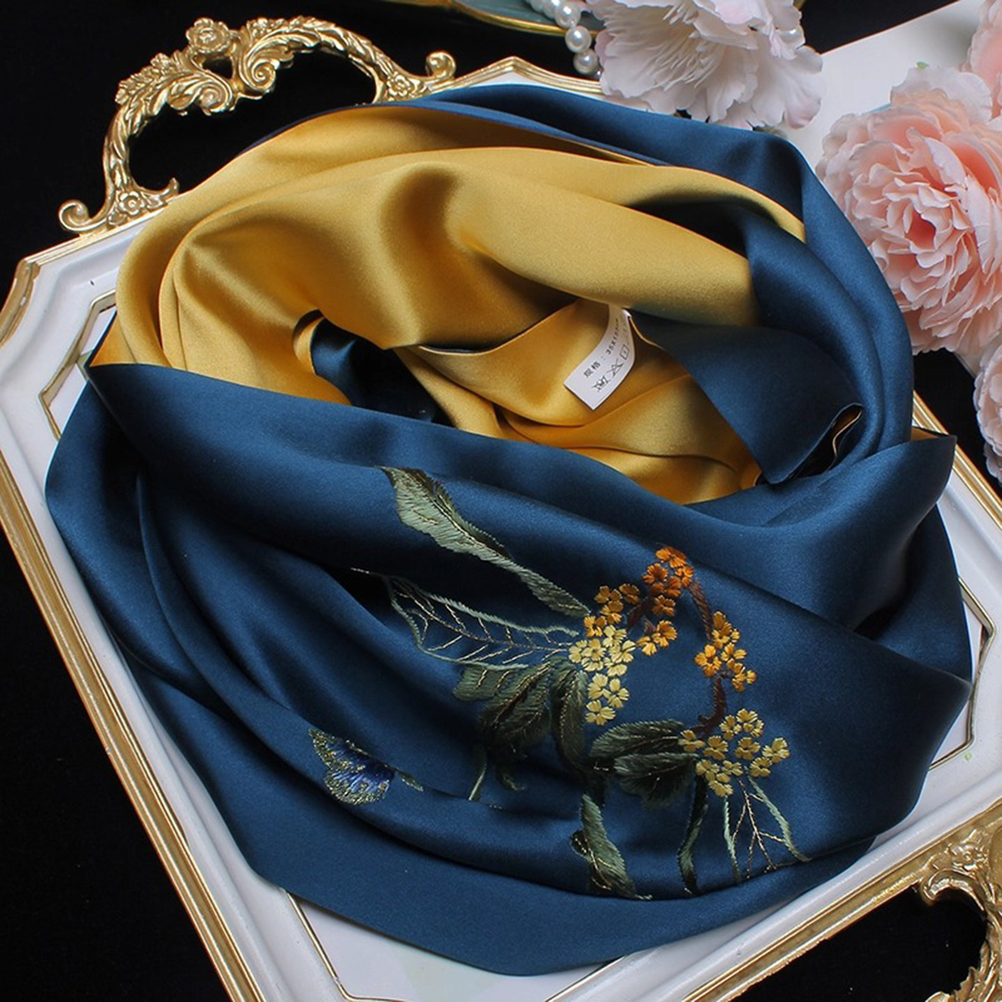 桑蚕丝手工刺绣真丝围巾女古风绿色桂花空调绣花披肩送礼丝巾礼盒