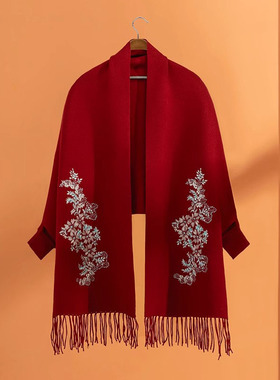 新款高端红色女披肩刺绣秋秋季妈妈婚礼服外搭带袖喜婆婆婚宴外套