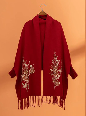 秋冬季女红色披肩外搭披风妈妈款结婚旗袍礼服喜婆婆婚宴外套斗篷