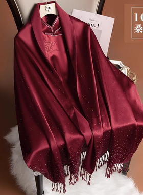 高档真丝围巾女款红色纯羊毛旗袍披肩外搭女婚礼宴喜妈妈2025新款