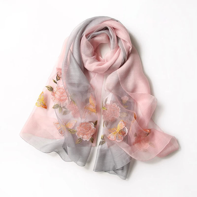 春秋季真丝丝巾刺绣纱巾羊毛披肩百搭保暖装饰桑蚕丝围巾节日礼物