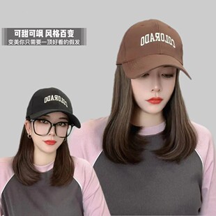 韩系简约COL字母标鸭舌帽气质内扣帽子假发帽假发女戴帽全头女款