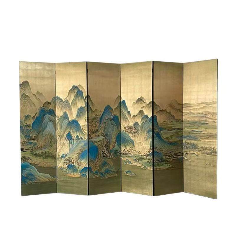 中式定制手绘漆画千里江山图金箔屏风移动折叠客厅隔断山水画折屏