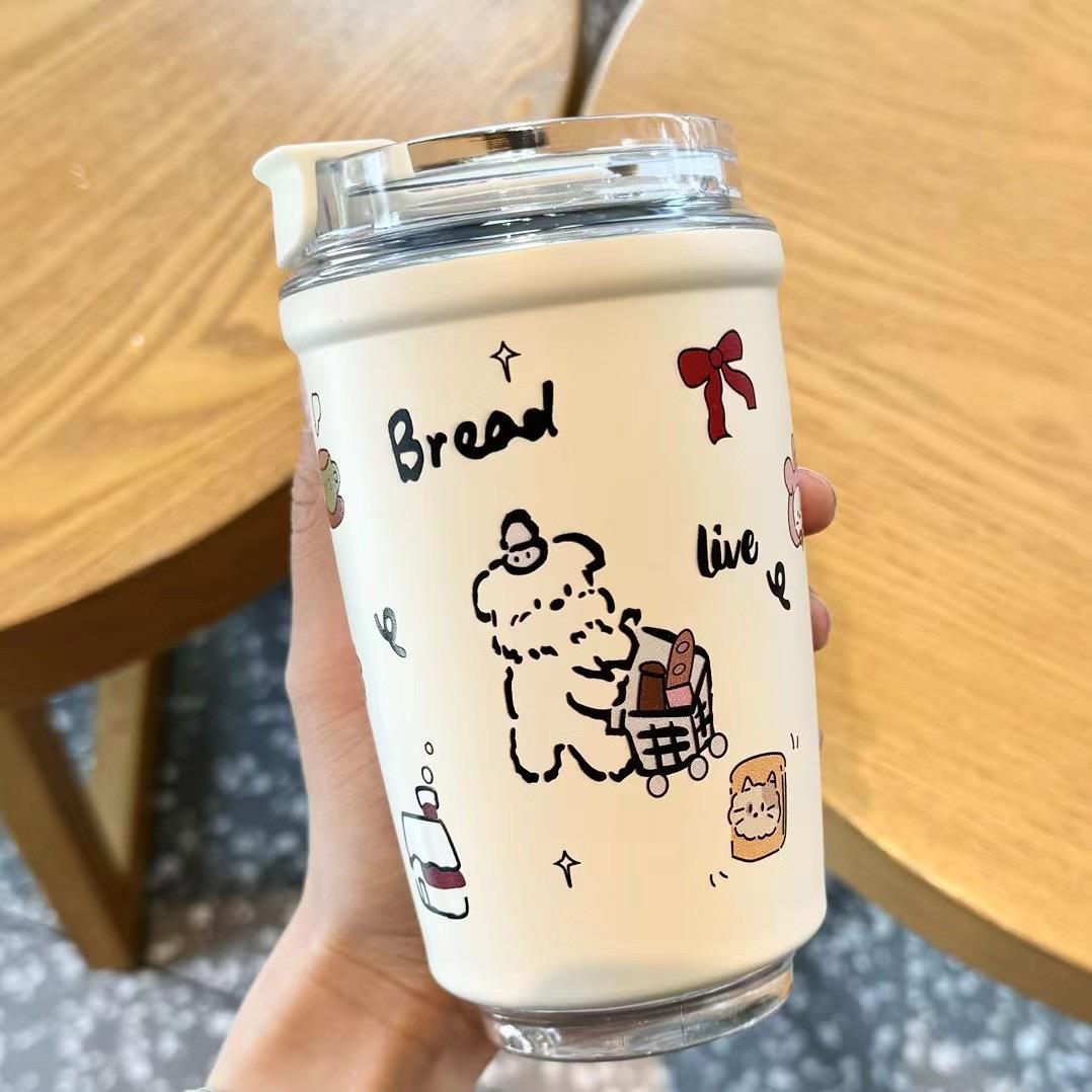 316不锈钢保温杯女生高颜值咖啡杯可爱吸管随行杯户外可携式涂鸦