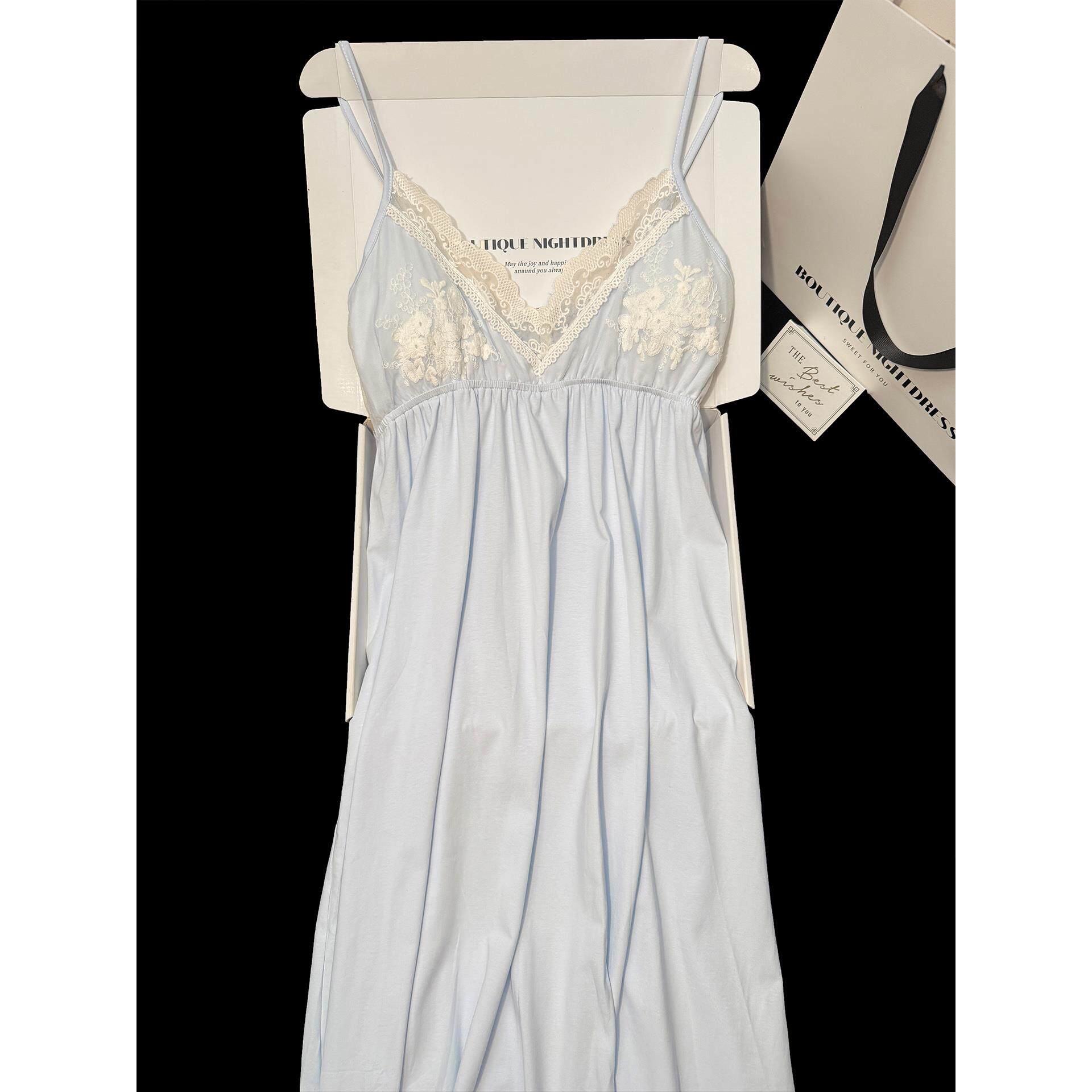 带胸垫法式宫廷公主风吊带中长款纯棉睡裙女夏款绣花绝美好看睡衣