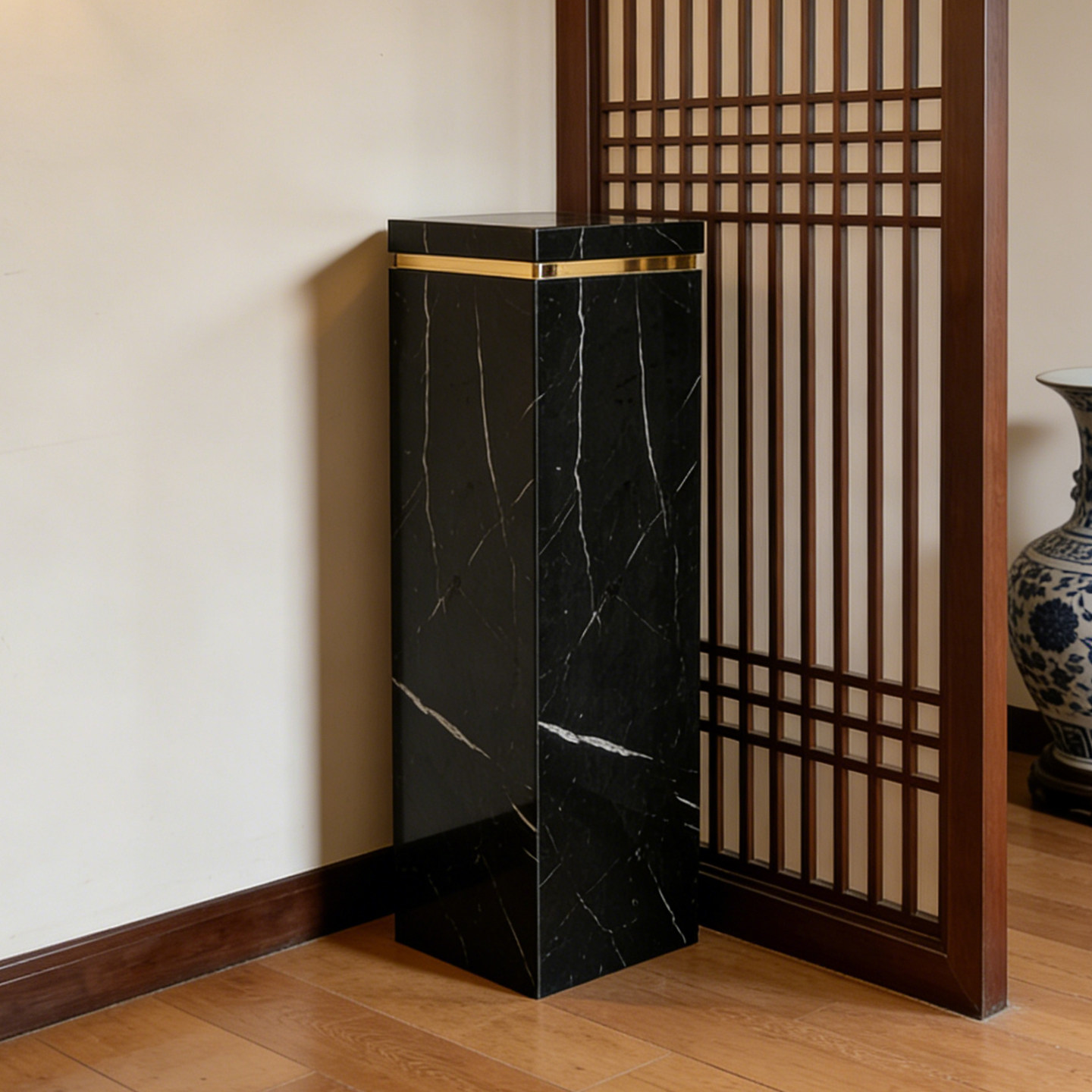 新中式天然黑白根大理石摆件酒店别墅装饰立柱工艺品底座雕塑摆台