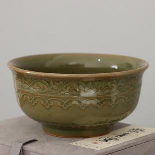 耀州窑新美学古法橄榄青釉半手工青瓷陶瓷餐具宝相纹小号米饭碗