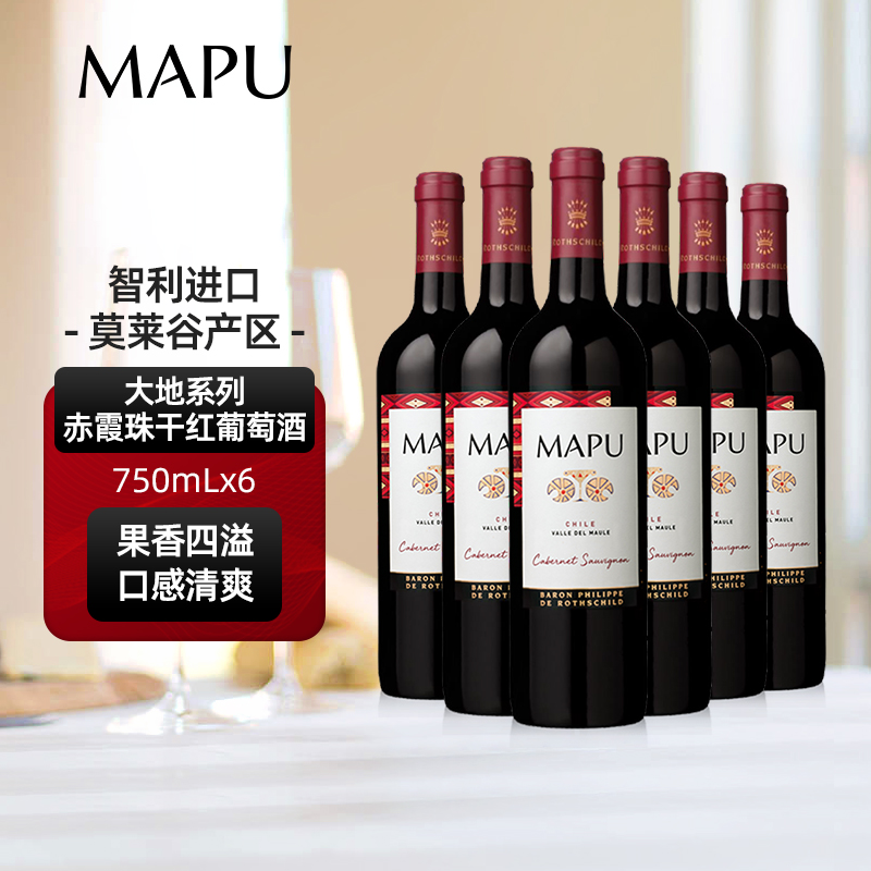 大地MAPU赤霞珠干红葡萄酒智利原瓶进口红酒750ml六支整箱