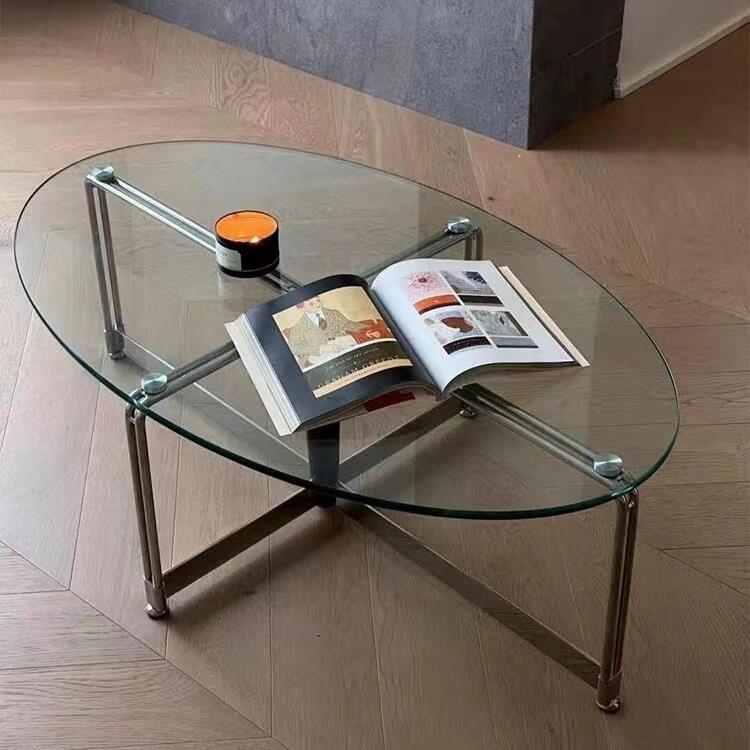 北欧复古玻璃茶几钢化椭圆形茶几包豪斯小户型茶桌不锈钢客厅桌子