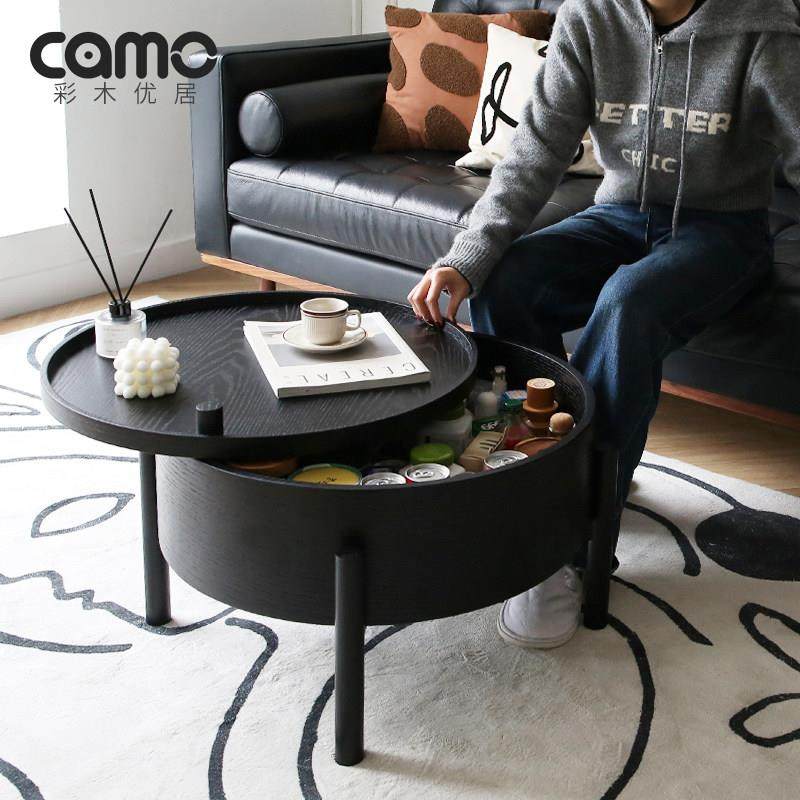 轻奢实木黑色圆形茶几简约现代小圆桌边几可旋转台面客厅家用收纳