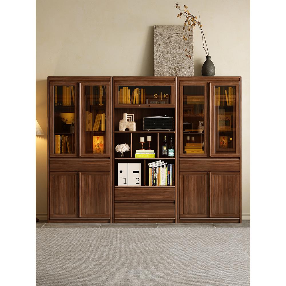 新中式实木书架黑胡桃木办公书架家庭中式书架玻璃门展示柜