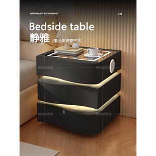 三抽屉智能床头柜多功能收纳实木简约现代黑色免安装卧室收纳床头