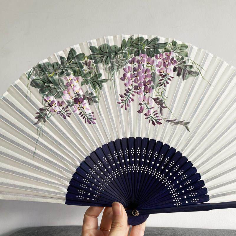 原创扇子真丝手绘国风紫藤葡萄绣球竹国画中国风古风新中式折扇