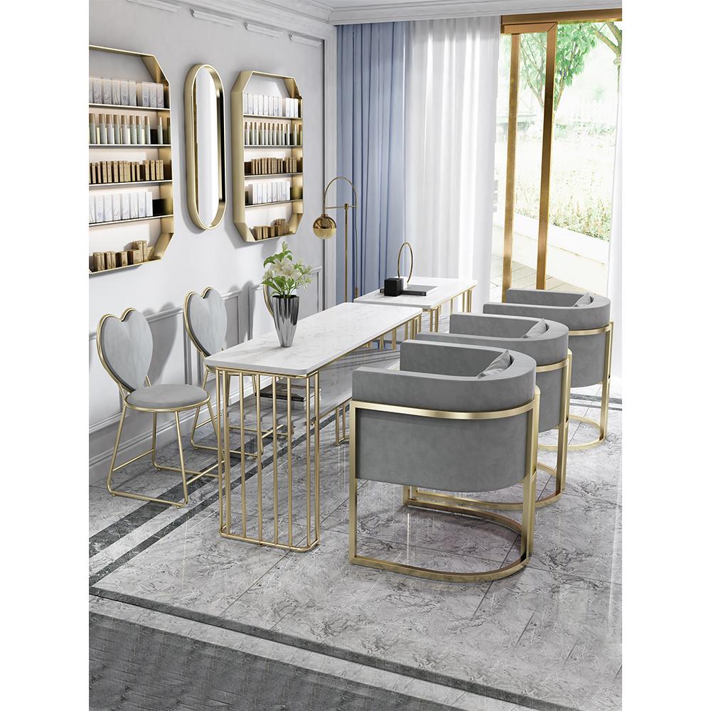 北欧铁艺双层大理石美甲桌椅套装网红沙发椅单双人特价金色美甲桌