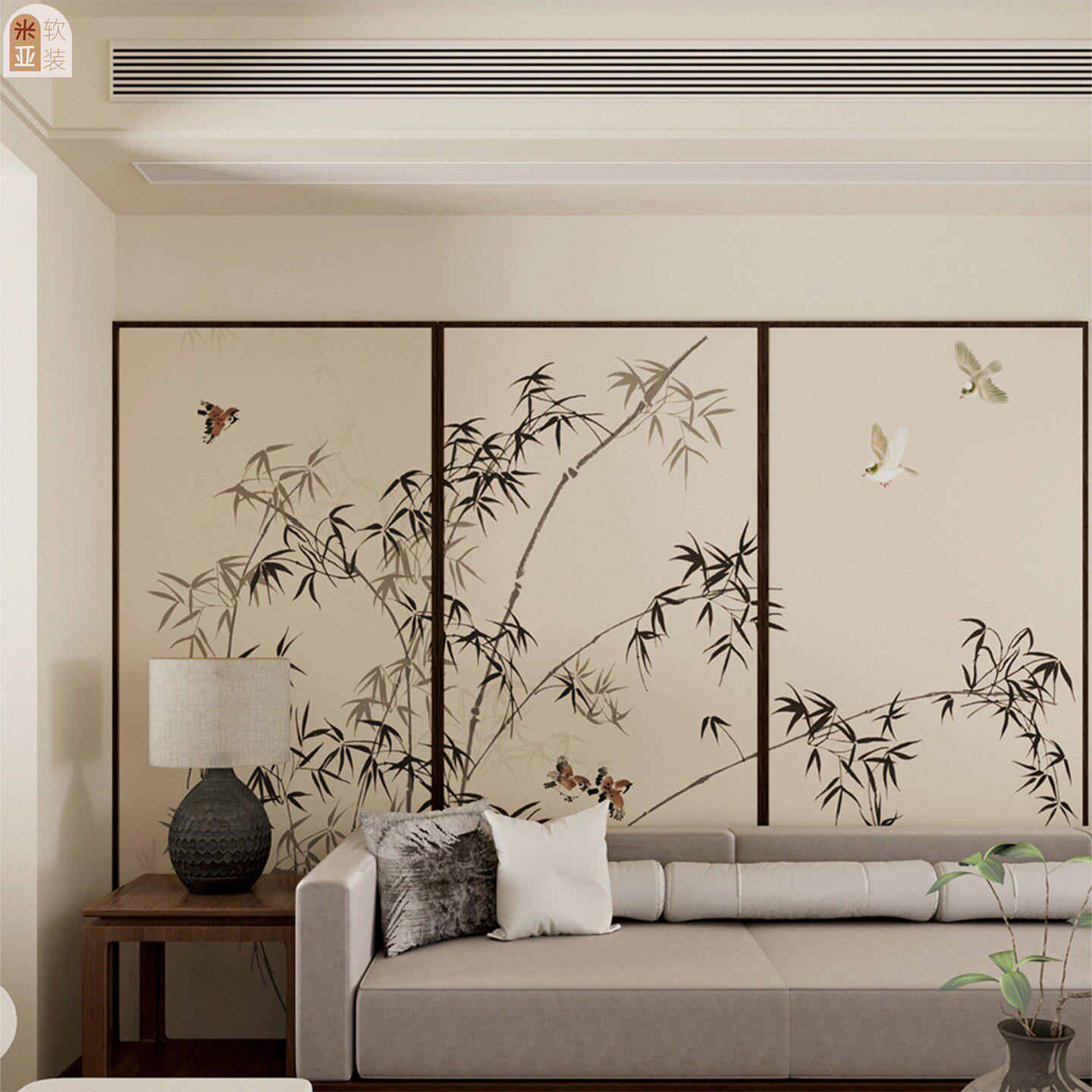 古画竹子玄关墙面装饰贴画茶室中国画背景墙客厅推拉门墙贴纸定制