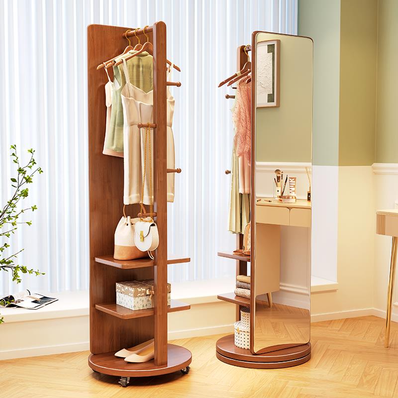 全身镜落地镜家用可旋转移动实木穿衣镜带挂衣架一体卧室试衣镜子