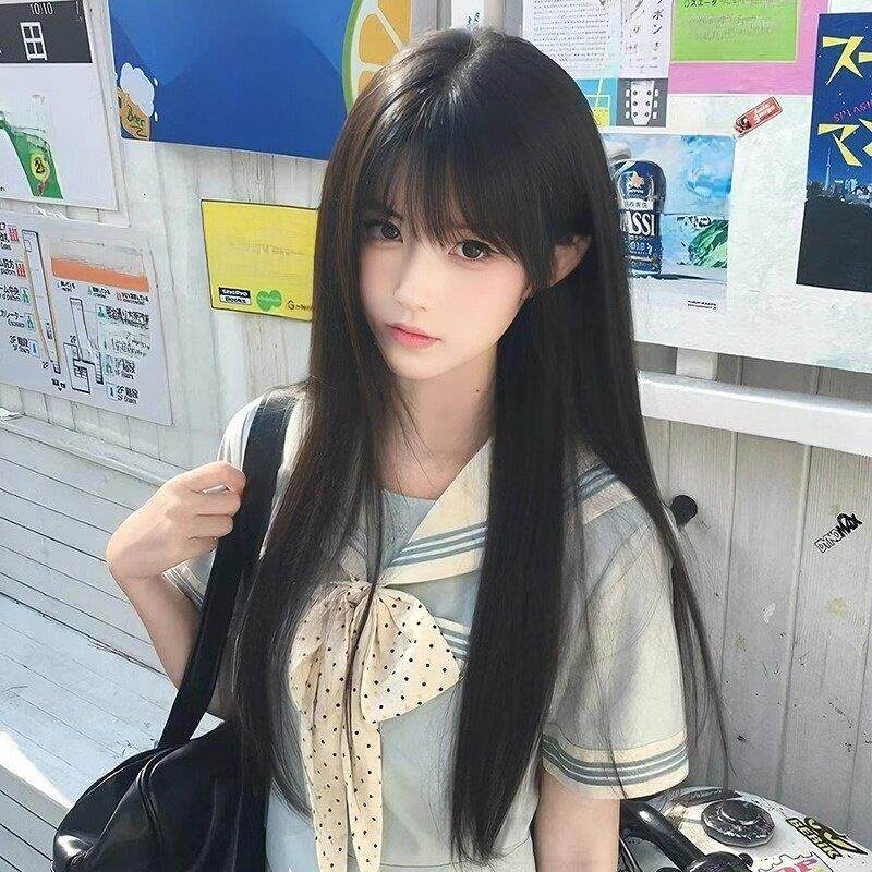 朵喵喵假发女生长直发Lolita自然减龄空气刘海jk黑长直全头套