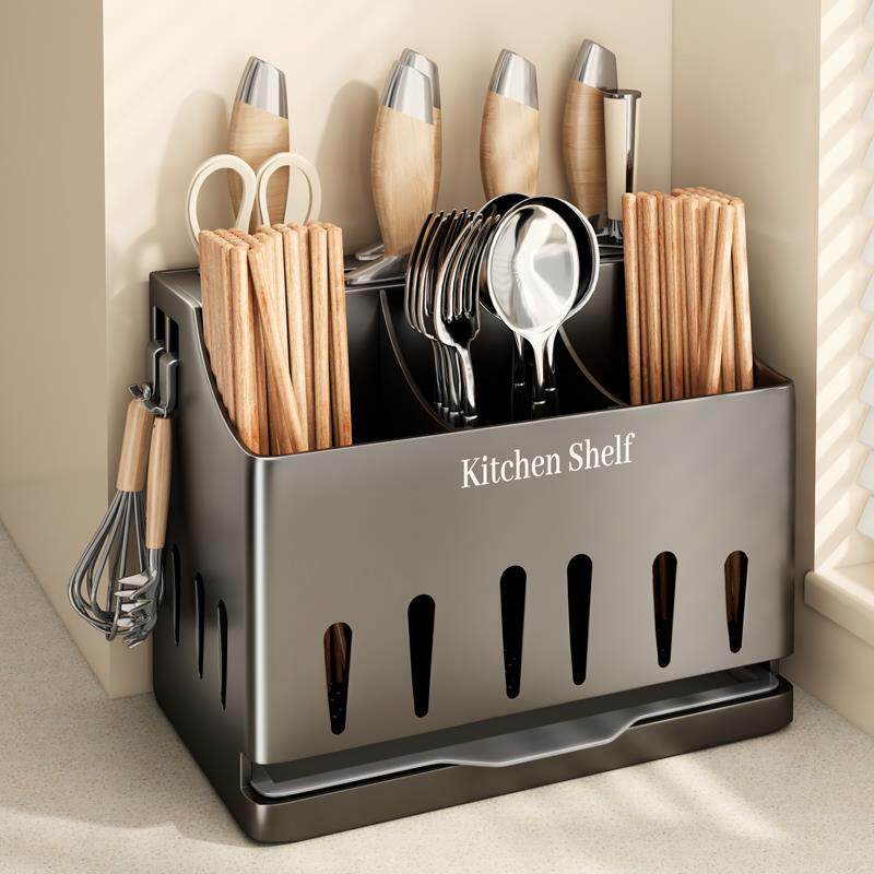 帅仕筷子收纳盒家用高档新款不锈钢壁挂式筷筒刀架勺子一体置物架