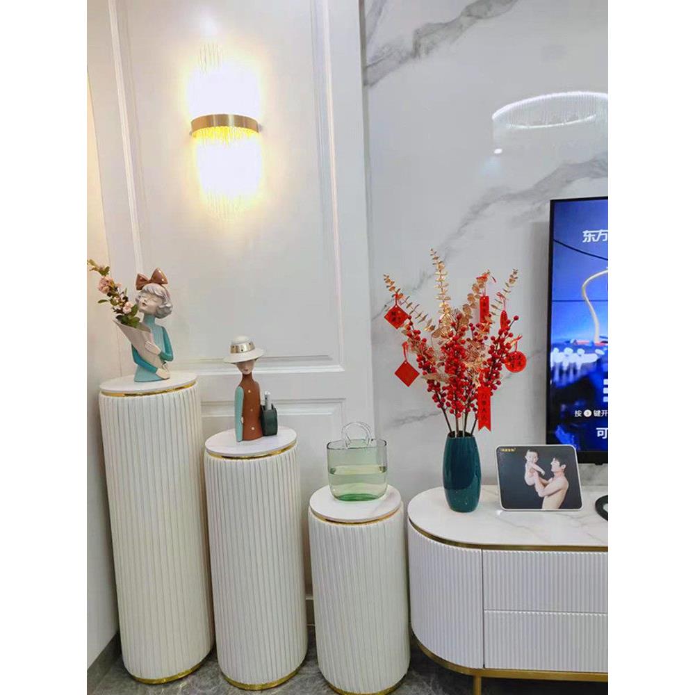 简约客厅电视旁落地式圆形新中式轻奢装饰摆饰置物展示岩板花架子
