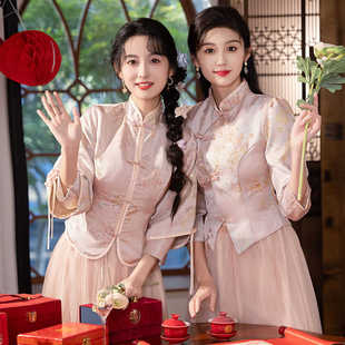 新中式伴娘服女2024新款夏季小众高级感姐妹团刺绣礼服裙长款大气