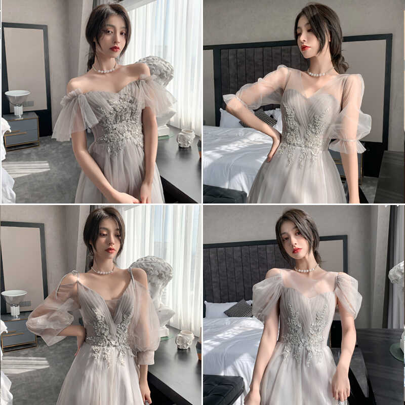 灰色伴娘服高级感2024春夏新款修身显瘦小个子姐妹团演出礼服裙