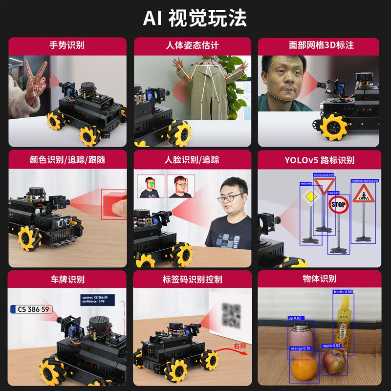 热销树莓派5 小车 AI大模型语音识别麦轮机器人 AI视觉智能 具身