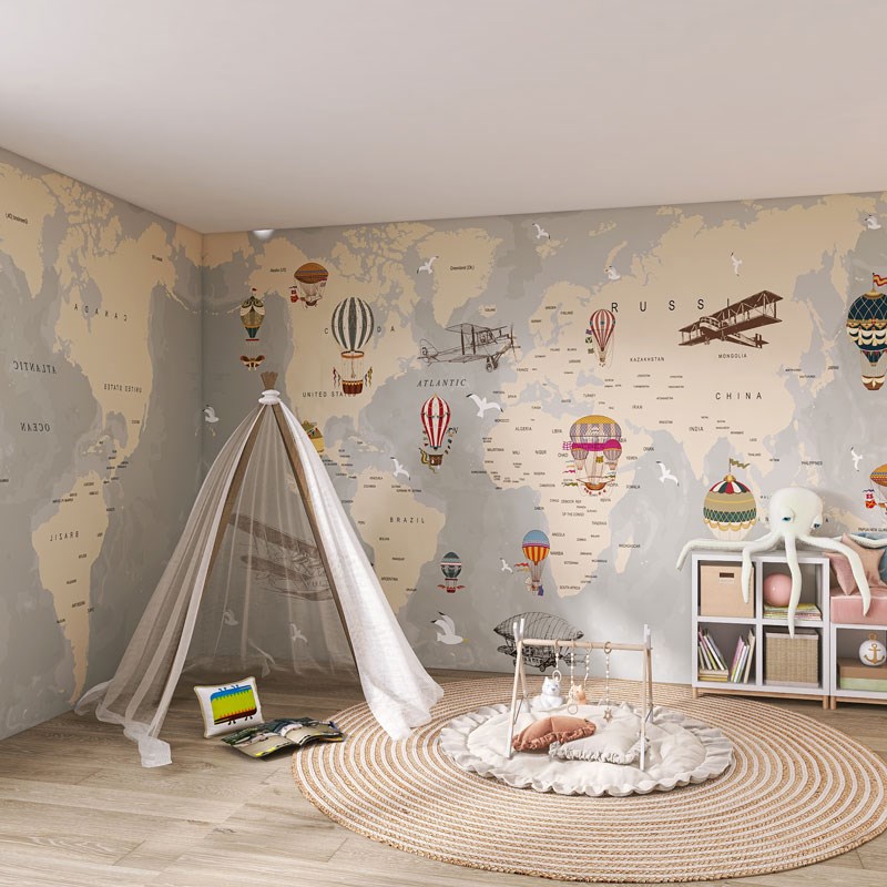 热销墙纸定制3d立体卡通地图儿童房背景墙壁纸男女孩卧室床头壁布