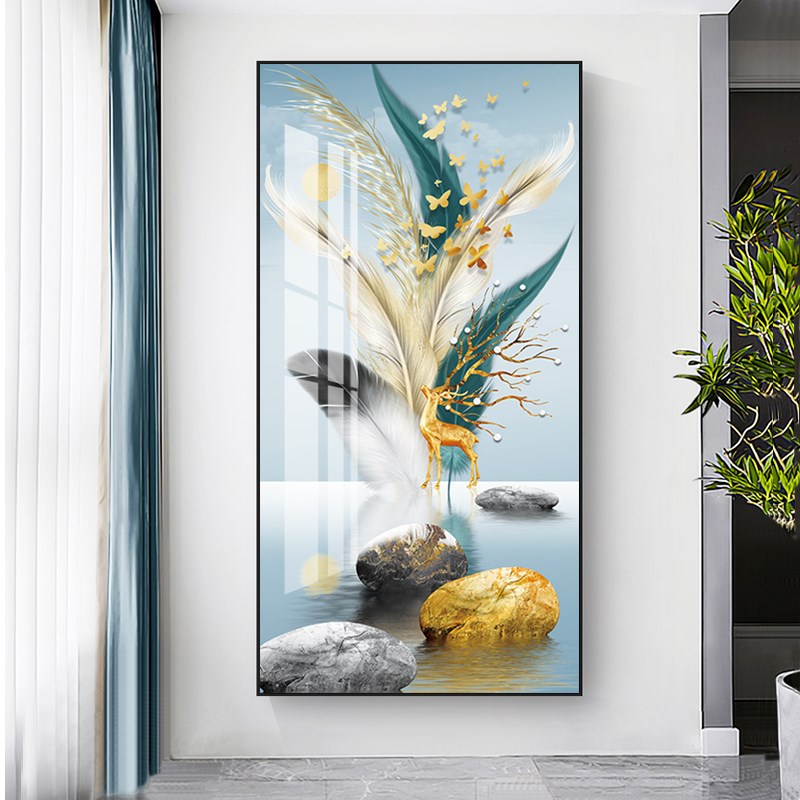 热销轻奢入户玄关装饰画简约现代壁画走廊过道幸福羽毛晶瓷挂画正