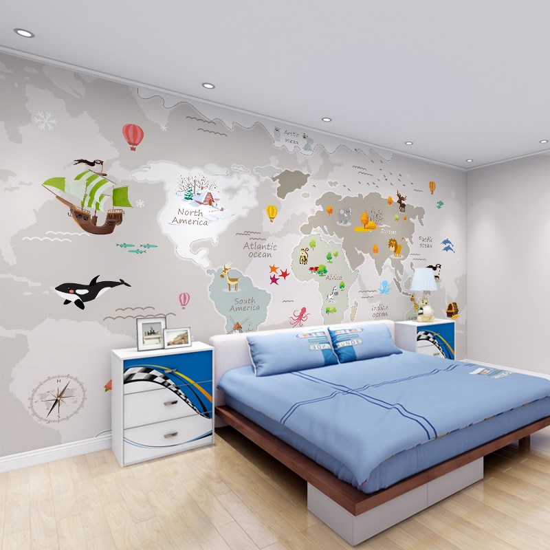 热销墙纸定制3d立体卡通地图儿童房壁布背景墙壁纸男女孩卧室墙布