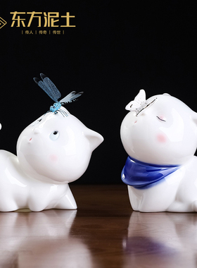 热销陶瓷可爱小猫咪摆件 创意书桌办公室工位解压桌面动物轻奢装