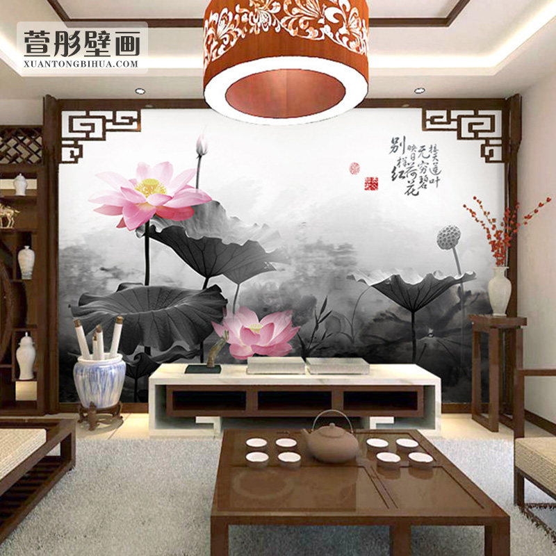 热销现代新中式手绘荷花电视背景墙布5d客厅沙发背景墙装饰壁纸壁