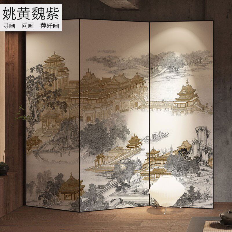 热销中式刺绣壁纸线描亭台楼阁壁画古典绣印壁布餐馆包房宋式背景