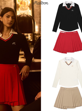 韩国MALBON高尔夫女装运动时尚套装V领长袖T恤修身透气防走光短裙