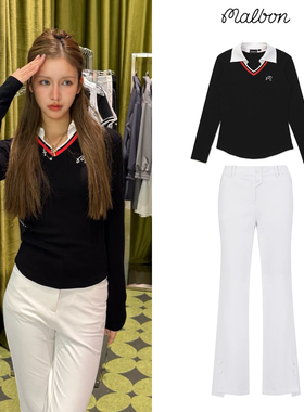 韩国malbon×St高尔夫女装25运动休闲套装翻领长袖T恤微喇叭长裤