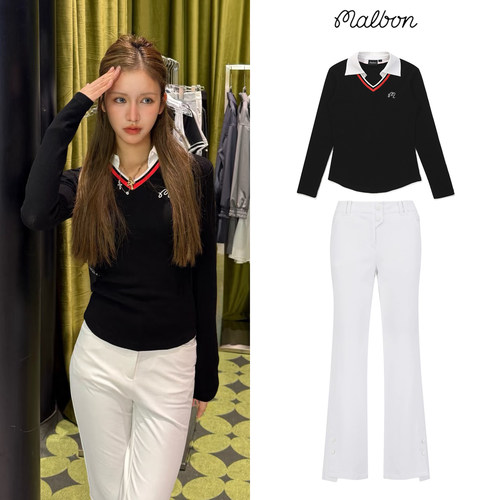 韩国malbon×St高尔夫女装25运动休闲套装翻领长袖T恤微喇叭长裤