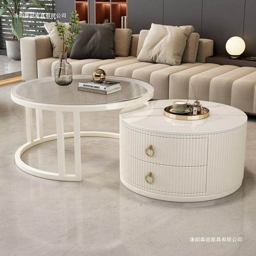 圆形岩板茶几奶油小户型新款简约客厅家用网红现代大理石轻奢茶桌