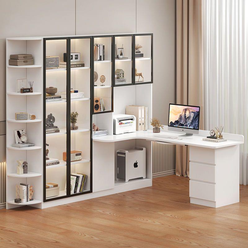 轻奢实木电脑桌书柜组合卧室家用学生学习桌转角书桌书架一体