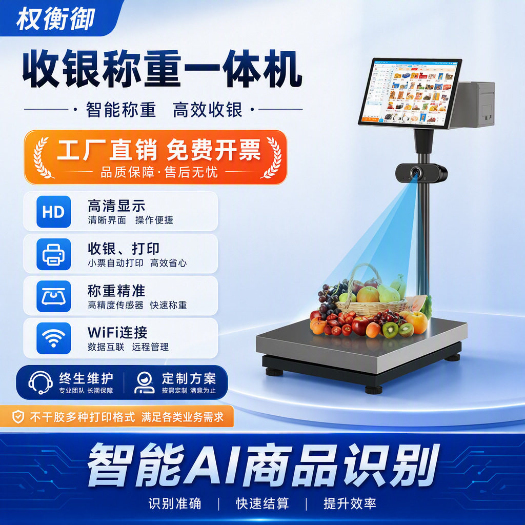 AI智能识别电子称生鲜超市连锁店收银触摸双屏打印一体电子台秤
