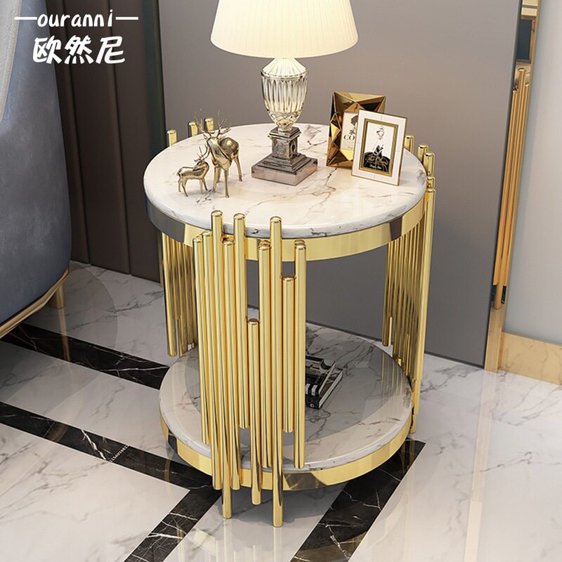 北欧大理石角几客厅沙发圆形不锈钢边几岩板床头柜现代小茶几轻奢