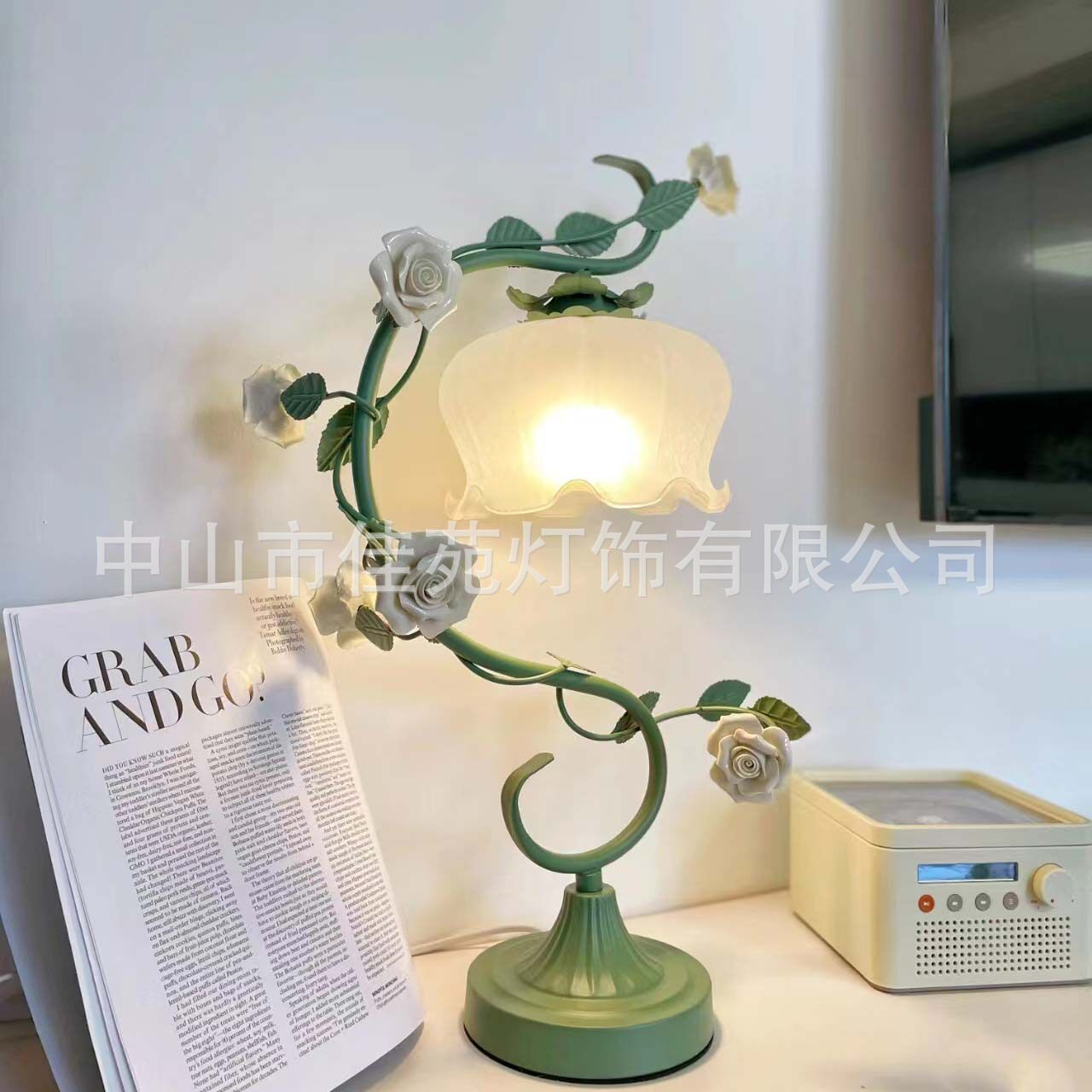 浪漫田园奶油风绿色台灯紫色台灯卧室ins公主床头灯陶瓷玫瑰台灯