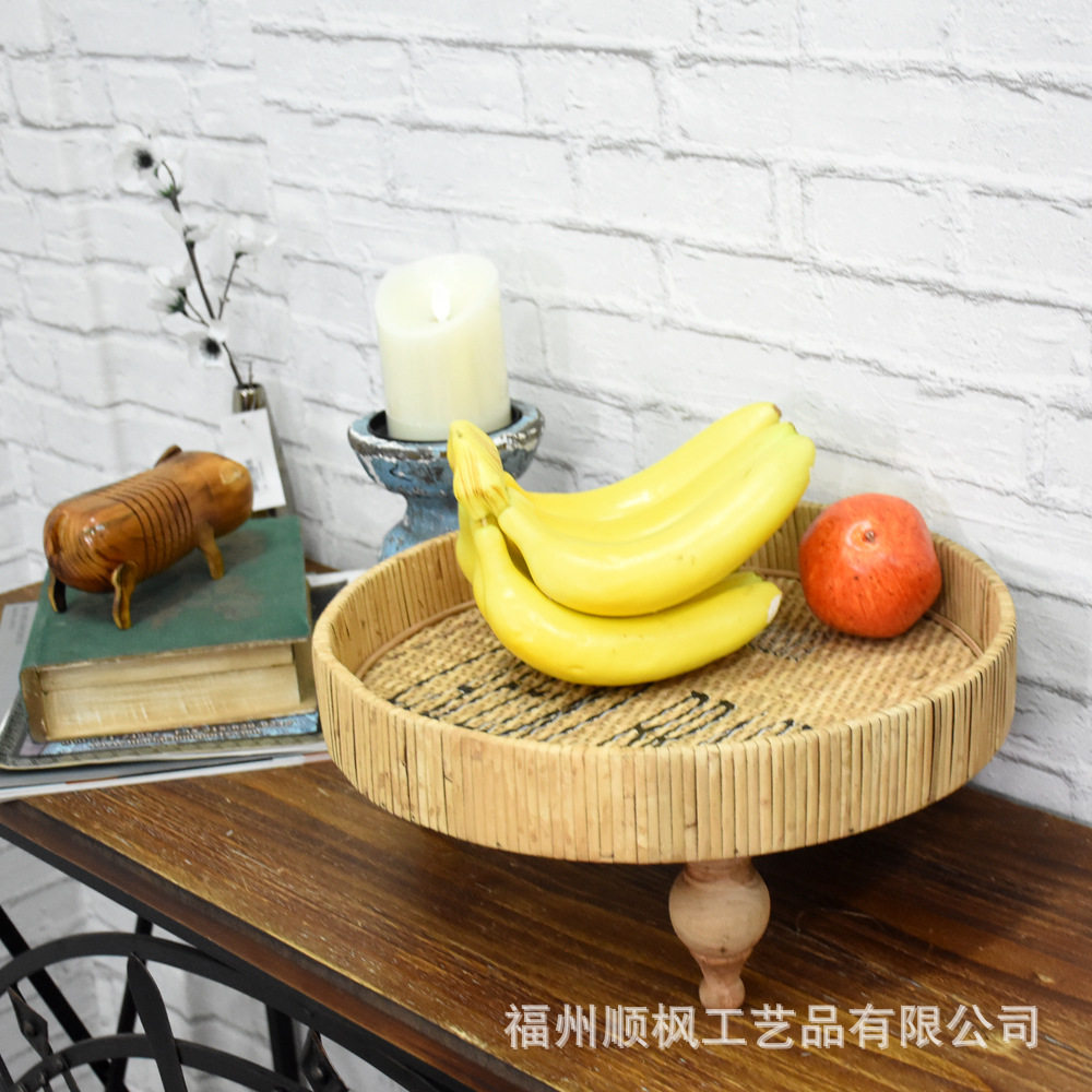 欧美简约藤编餐盘圆形托盘点心野餐水果篮手工面包编织筐