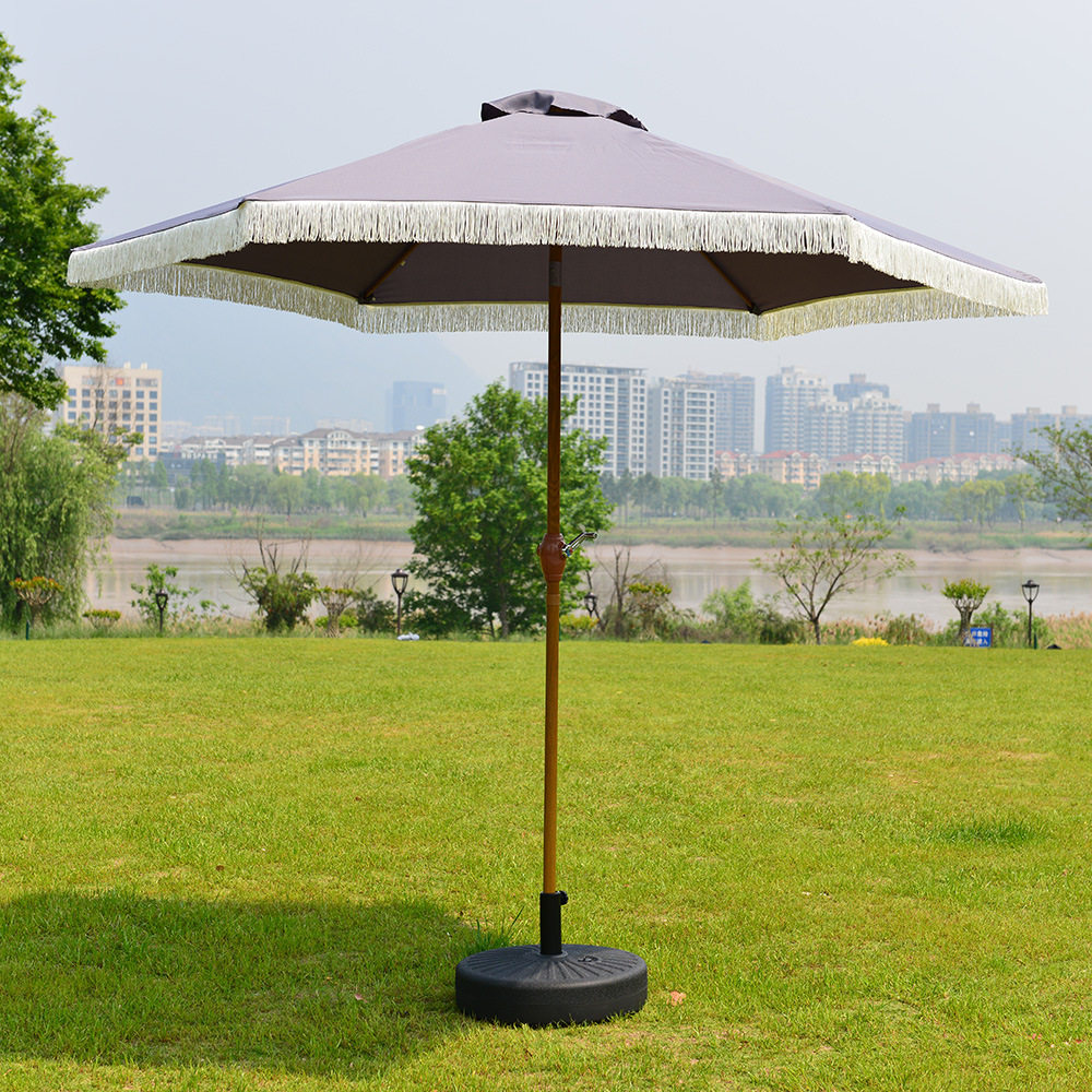 户外防水翻盖白咖色流苏晴雨伞