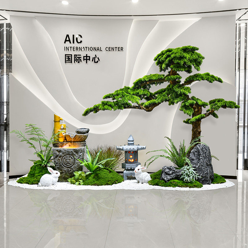 室内假山石流水摆件造景迎客松图片