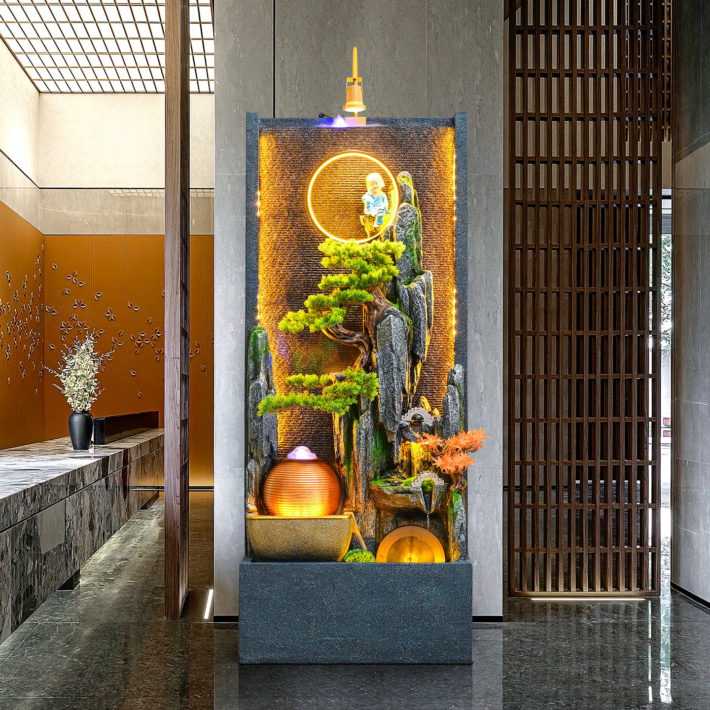 水幕墙假山流水摆件循环水景观办公室屏风招财装饰风水轮落地喷泉,家居饰品,流水摆件,淘宝优惠券,粉丝福利购,淘宝优惠卷