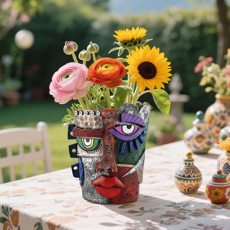 跨境新品创意玛雅抽象人脸花盆树脂摆件个性艺术家居花园景观装饰